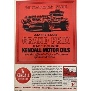 1965 Kendall Motor Oil - America’s Grand Prix Watkins Glen Vintage Print Ad